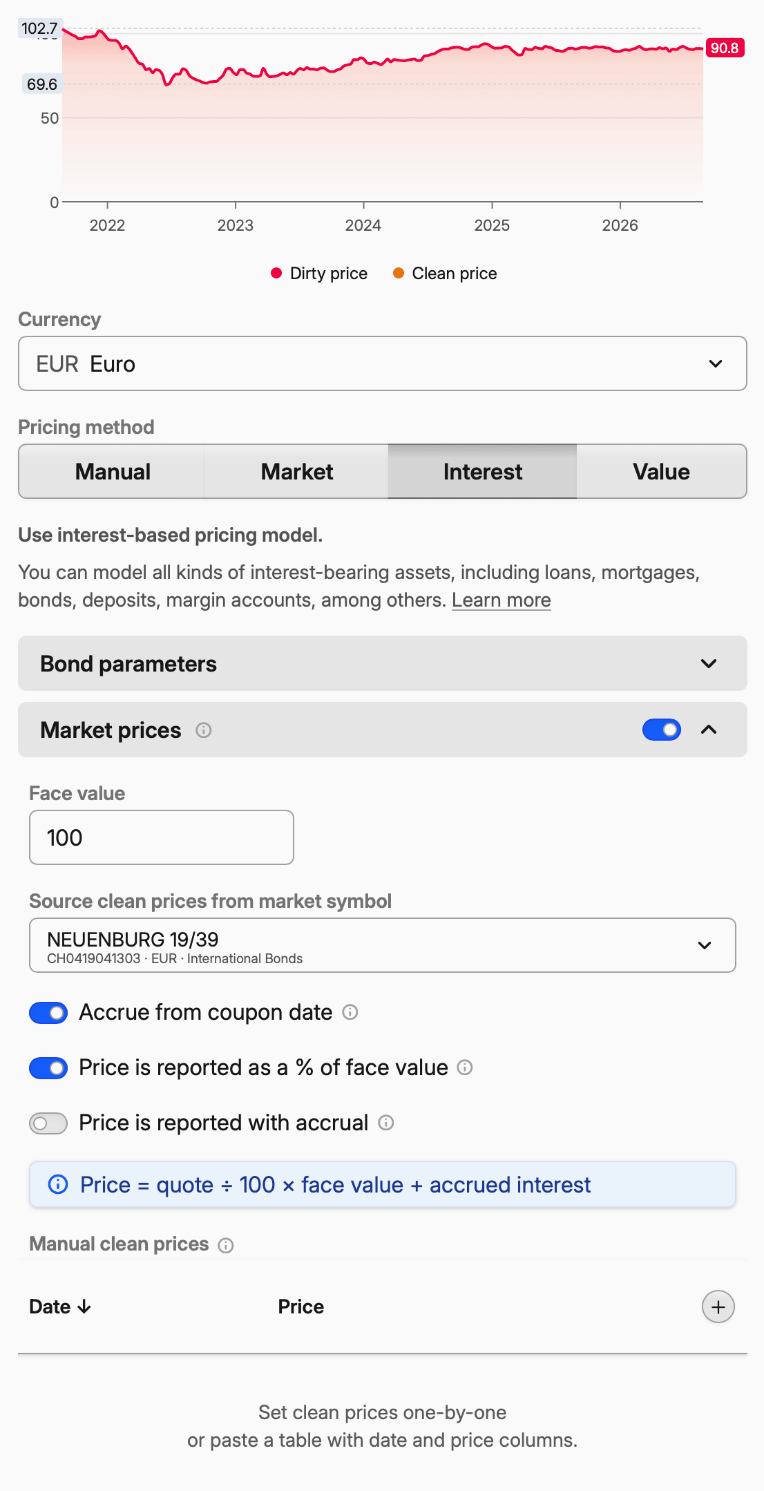 Screenshot of interest-based pricing settings for a bond with a price chart.